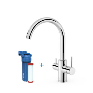 TRES - Grifo monomando Selection de 2 vías para cocina, para agua de red y filtrada con cierre y regulación de caudal independientes y latiguillos de alimentación flexibles G3/8 cromo